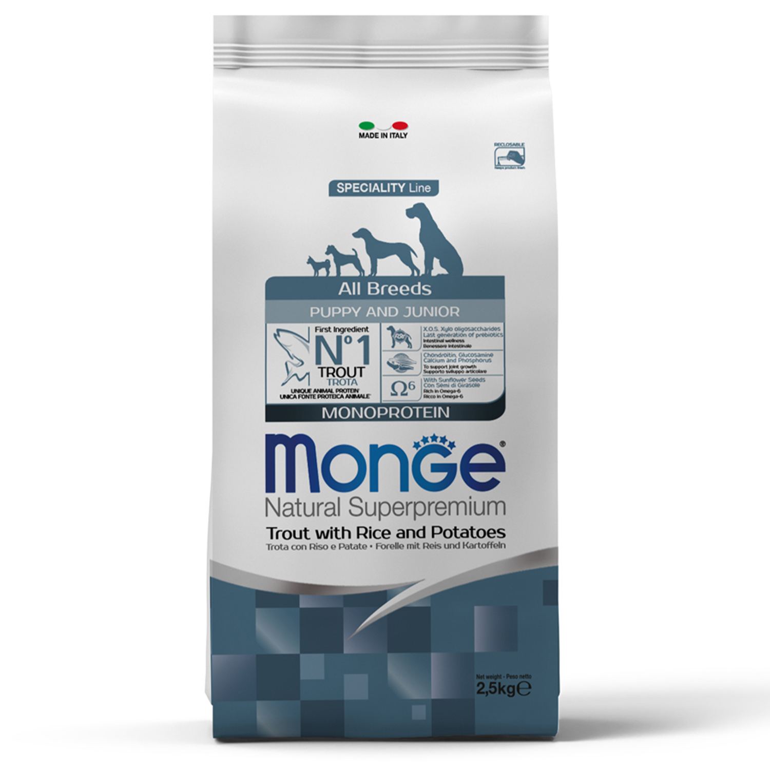 Сухой корм Monge Dog Speciality Line Monoprotein для щенков всех пород, из форели с рисом и картофелем 2,5 кг