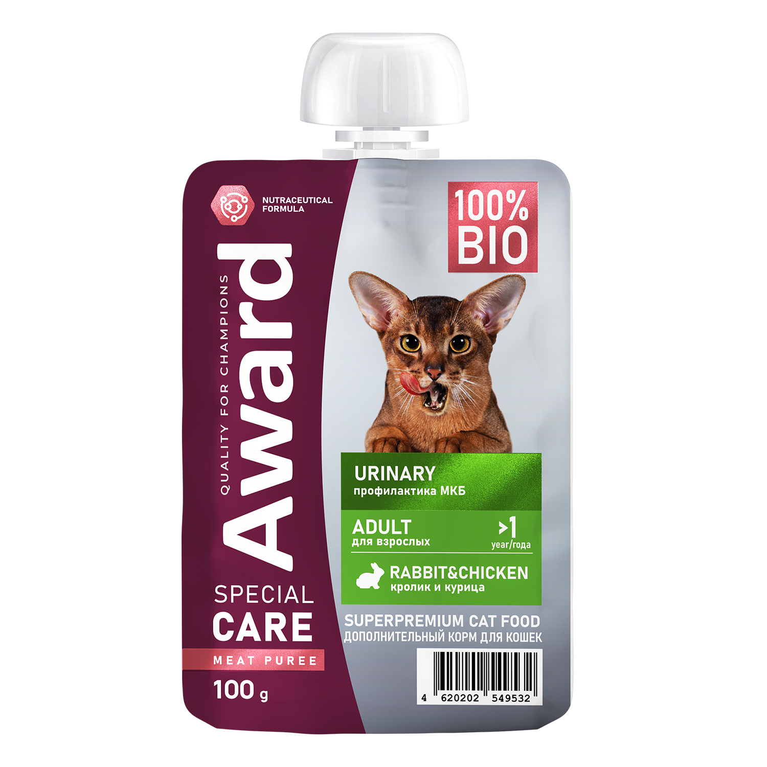 Влажный дополнит. корм AWARD SPECIAL CARE Urinary "мясное пюре" для взрослых кошек для профилактики мочекаменной болезни из курицы с кроликом 100г