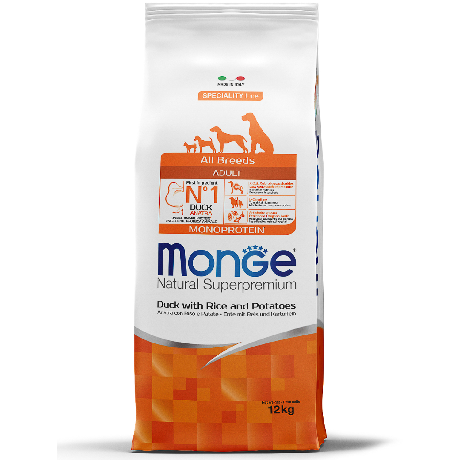 Сухой корм Monge Dog Speciality Line Monoprotein для взрослых собак всех пород, из утки с рисом и картофелем 12 кг