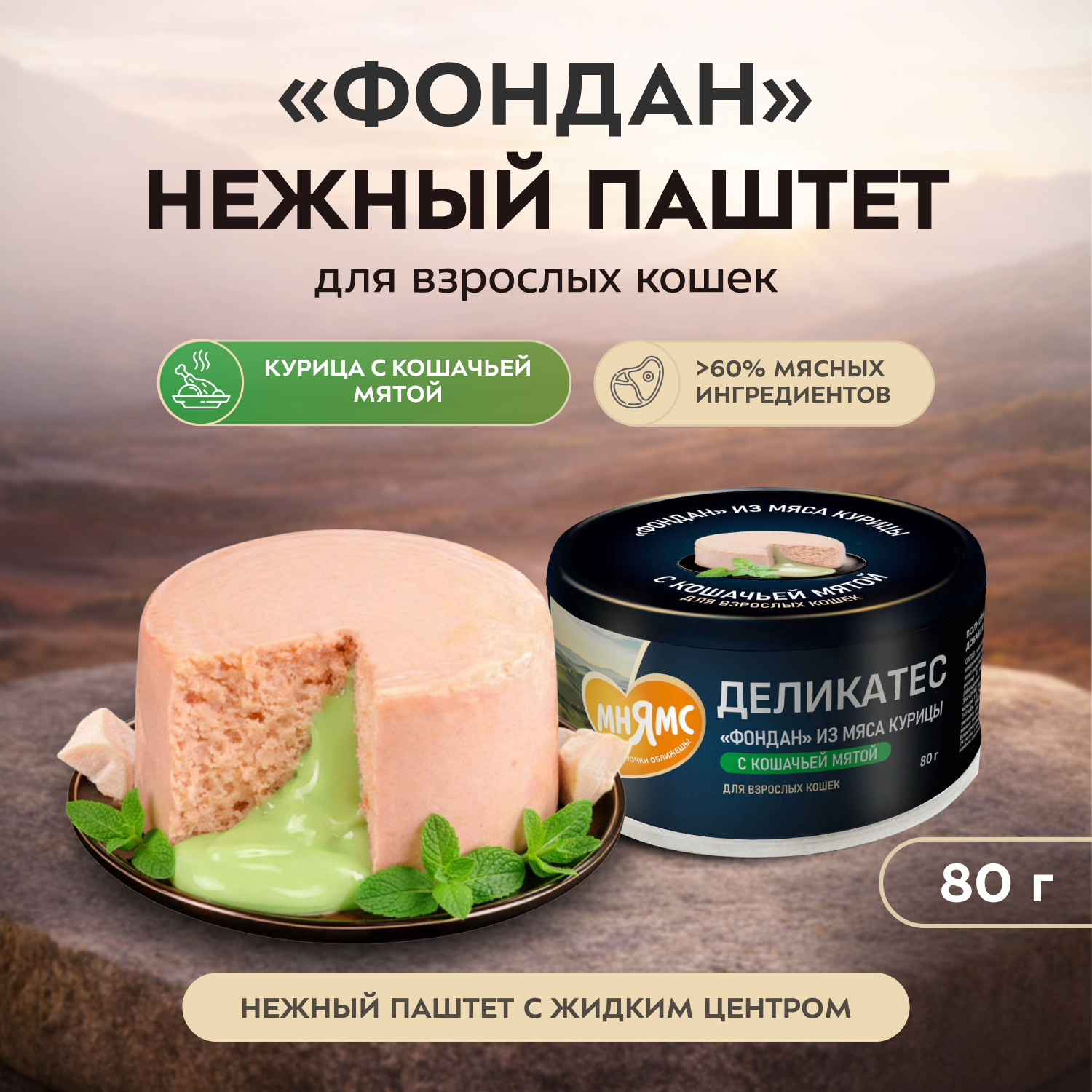 Влажный корм Мнямс Деликатес "Фондан" из мяса курицы с кошачьей мятой для кошек 80 г