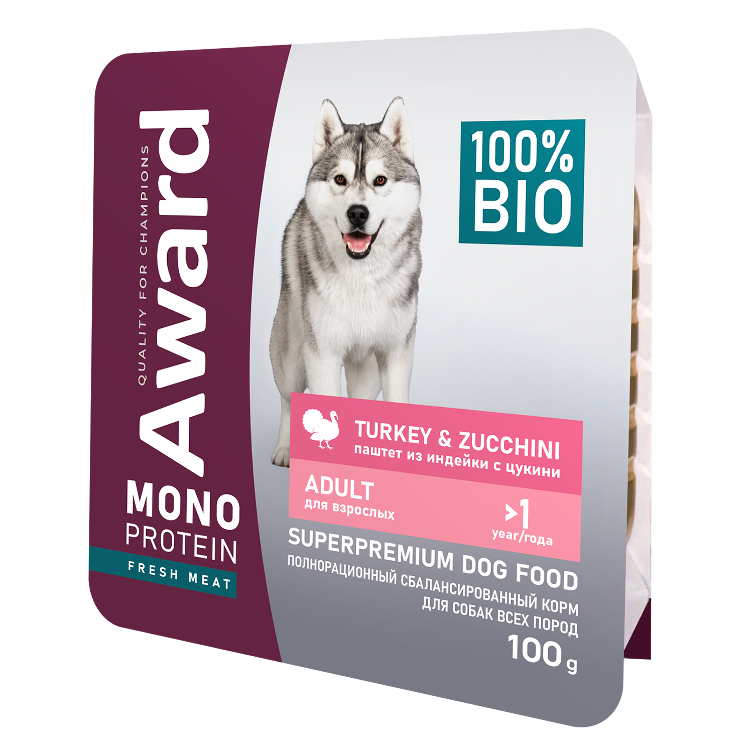Влажный корм AWARD Monoprotein для взрослых собак паштет из индейки с цукини 100г