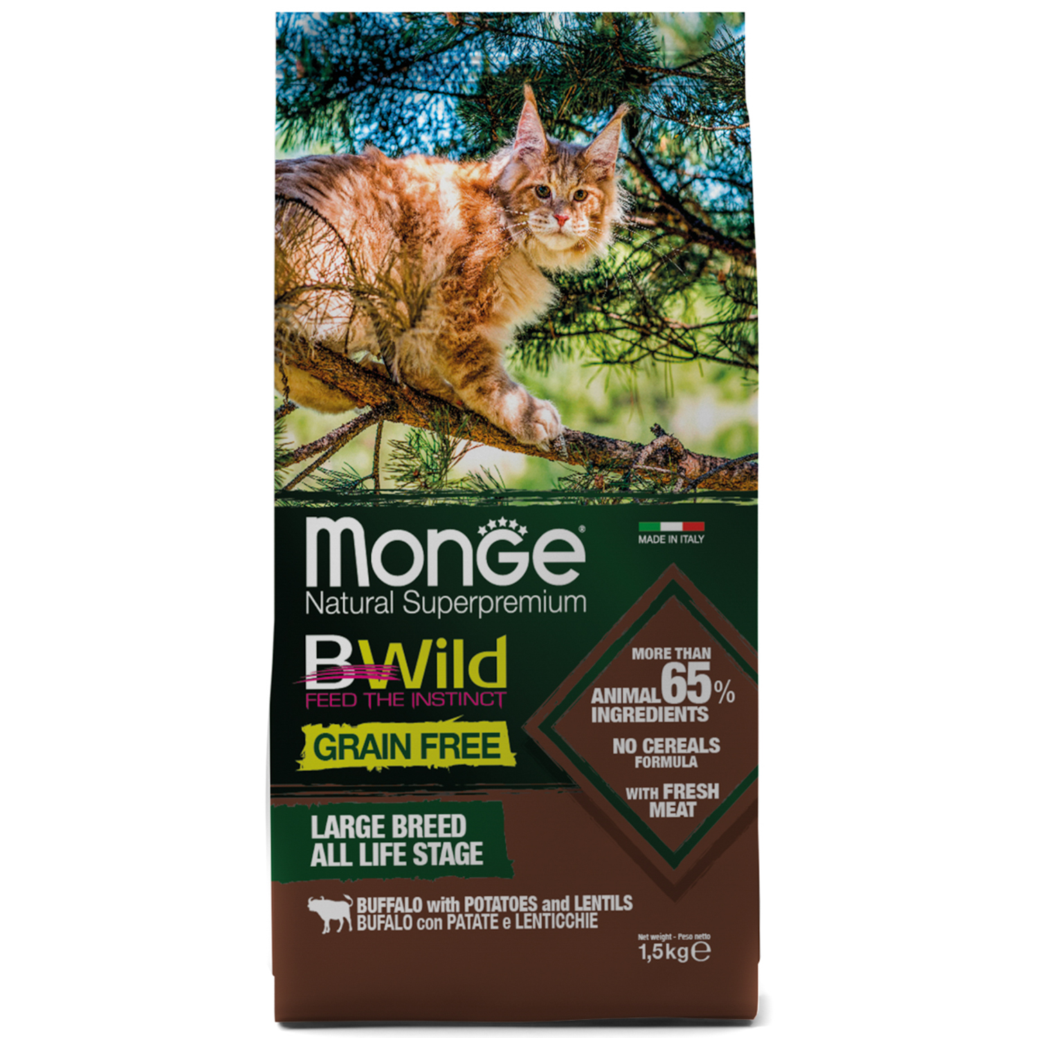 Сухой корм Monge Cat BWild GRAIN FREE для котят и крупных кошек, беззерновой, из мяса буйвола, 1,5 кг