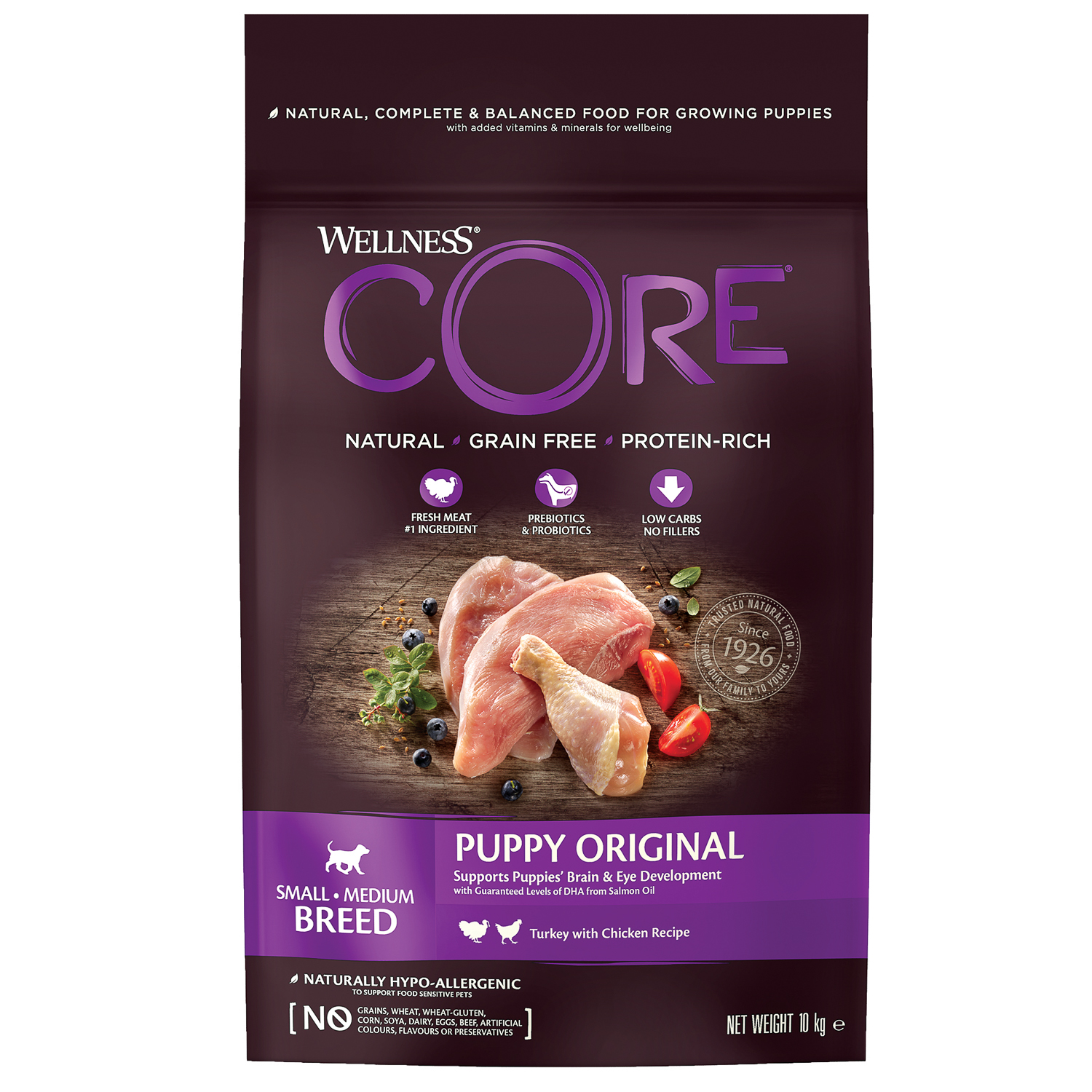 Сухой корм CORE для щенков мелких и средних пород, из индейки с курицей 10 кг