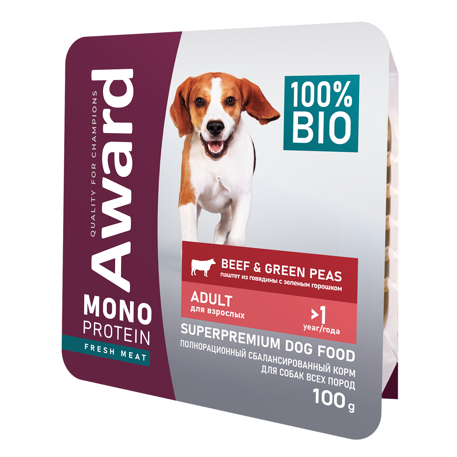 Влажный корм AWARD Monoprotein для взрослых собак паштет из говядины с зеленым горошком 100г