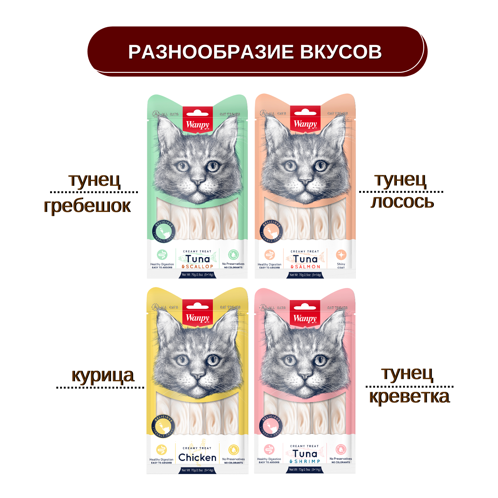 Wanpy Cat Лакомство для кошек «нежное пюре» из тунца и лосося 70 г