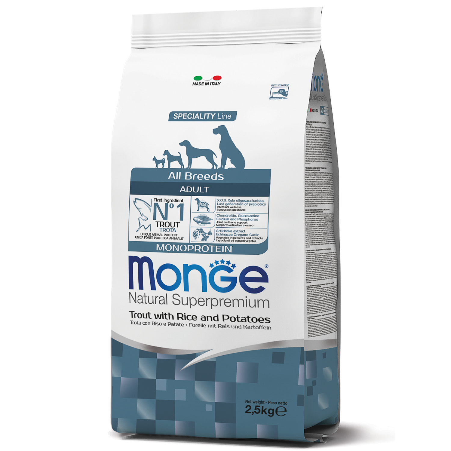 Сухой корм Monge Dog Speciality Line Monoprotein для взрослых собак всех пород, из форели с рисом и картофелем 2,5 кг