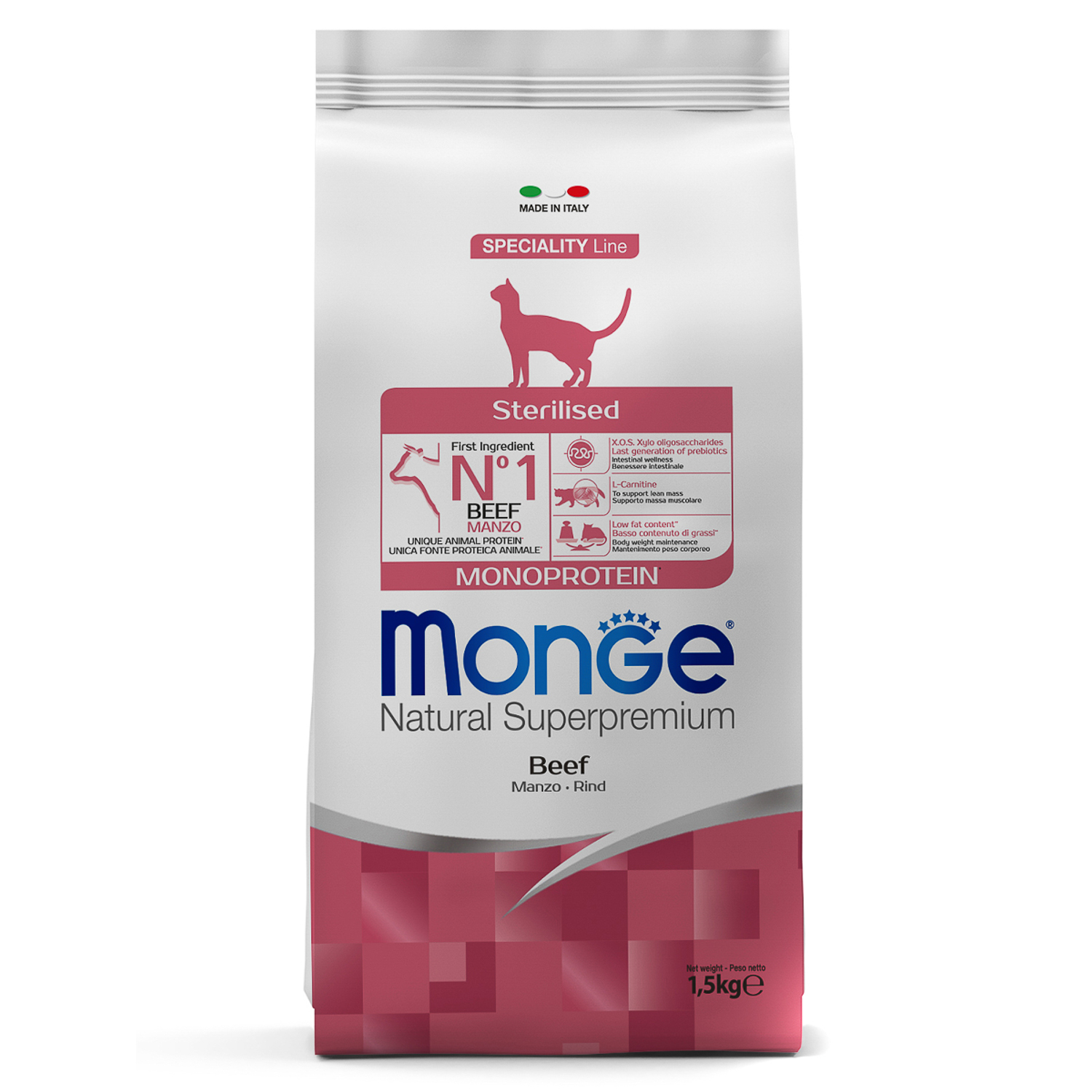 Сухой корм Monge Cat Speciality Line Monoprotein Sterilised для стерилизованных кошек, из говядины 1,5 кг