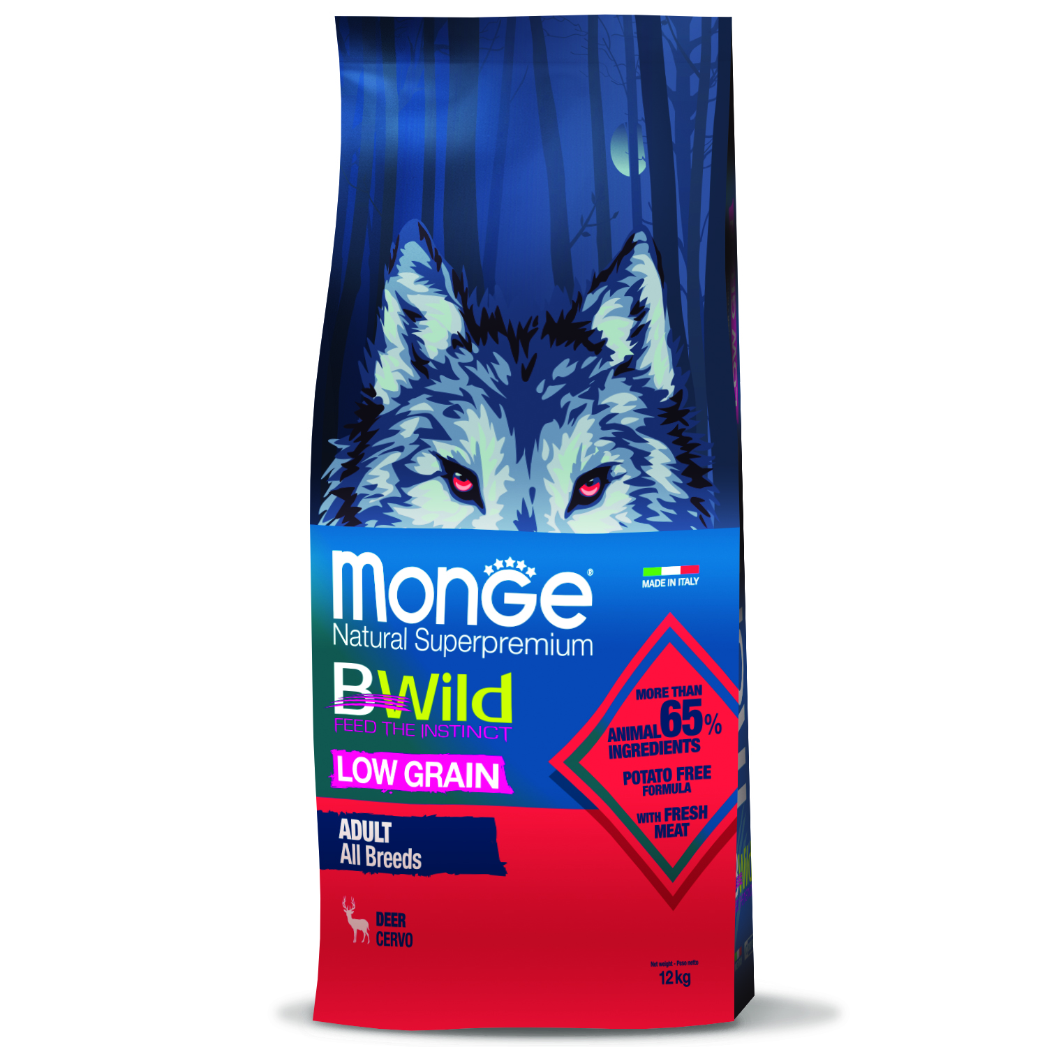 Сухой корм Monge Dog BWild LOW GRAIN для взрослых собак, низкозерновой, из мяса оленя 12 кг