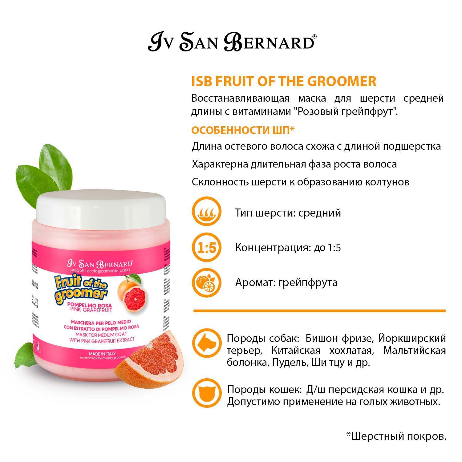 ISB Fruit of the Groomer Pink Grapefruit Восстанавливающая маска для шерсти средней длины с витаминами 1 л