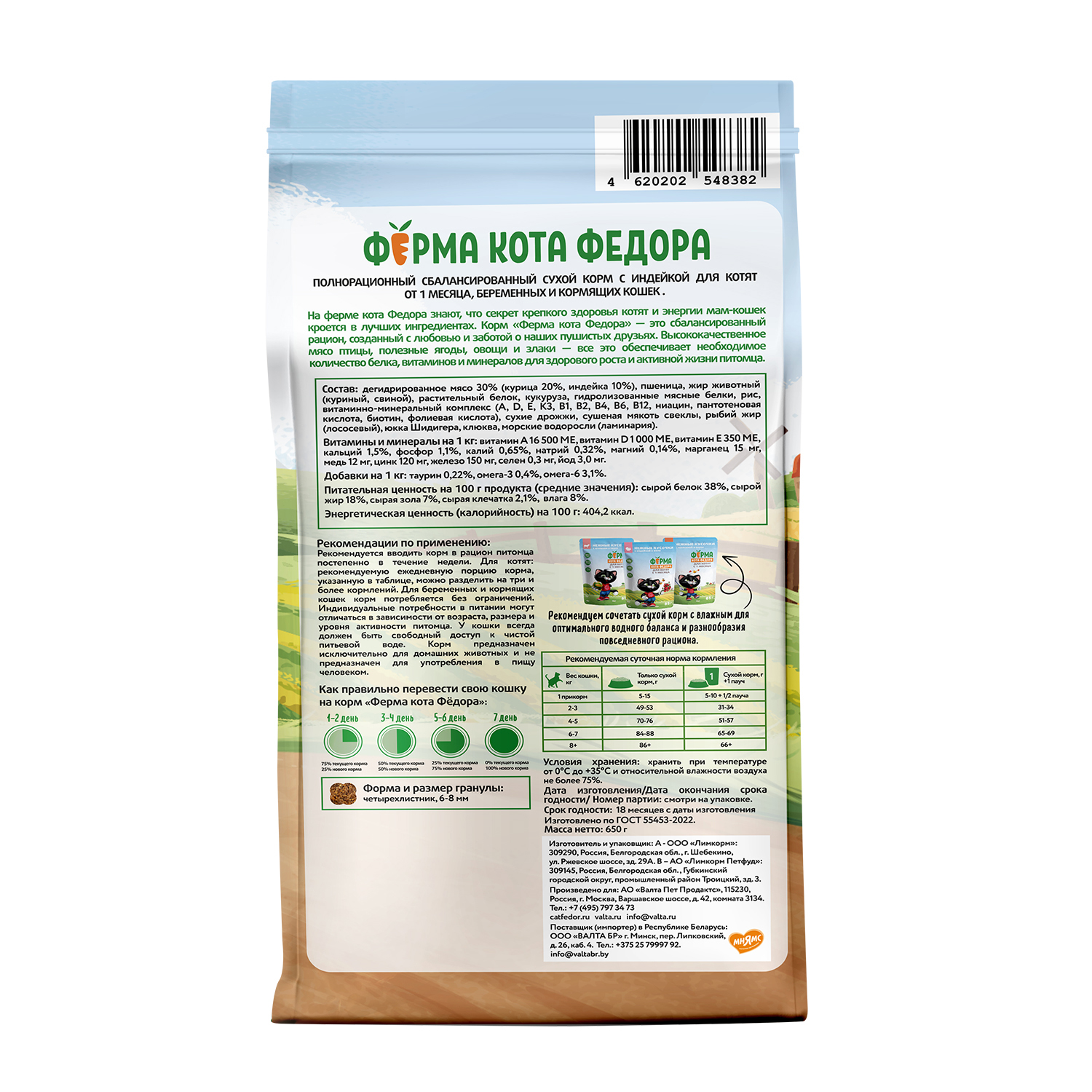 Сухой корм Ферма кота Федора для котят от 1 месяца, беременных и кормящих кошек с индейкой 650 г