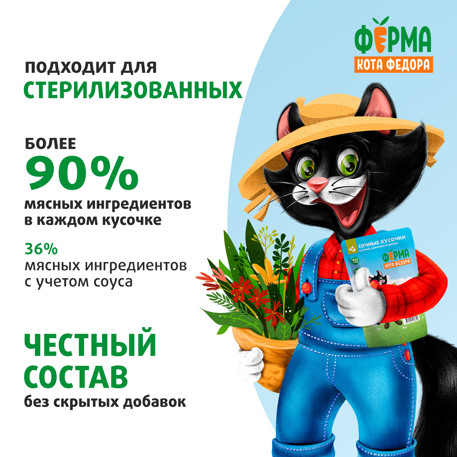 Влажный корм Ферма кота Фёдора мясные кусочки для кошек с уткой, кроликом и дичью 85г