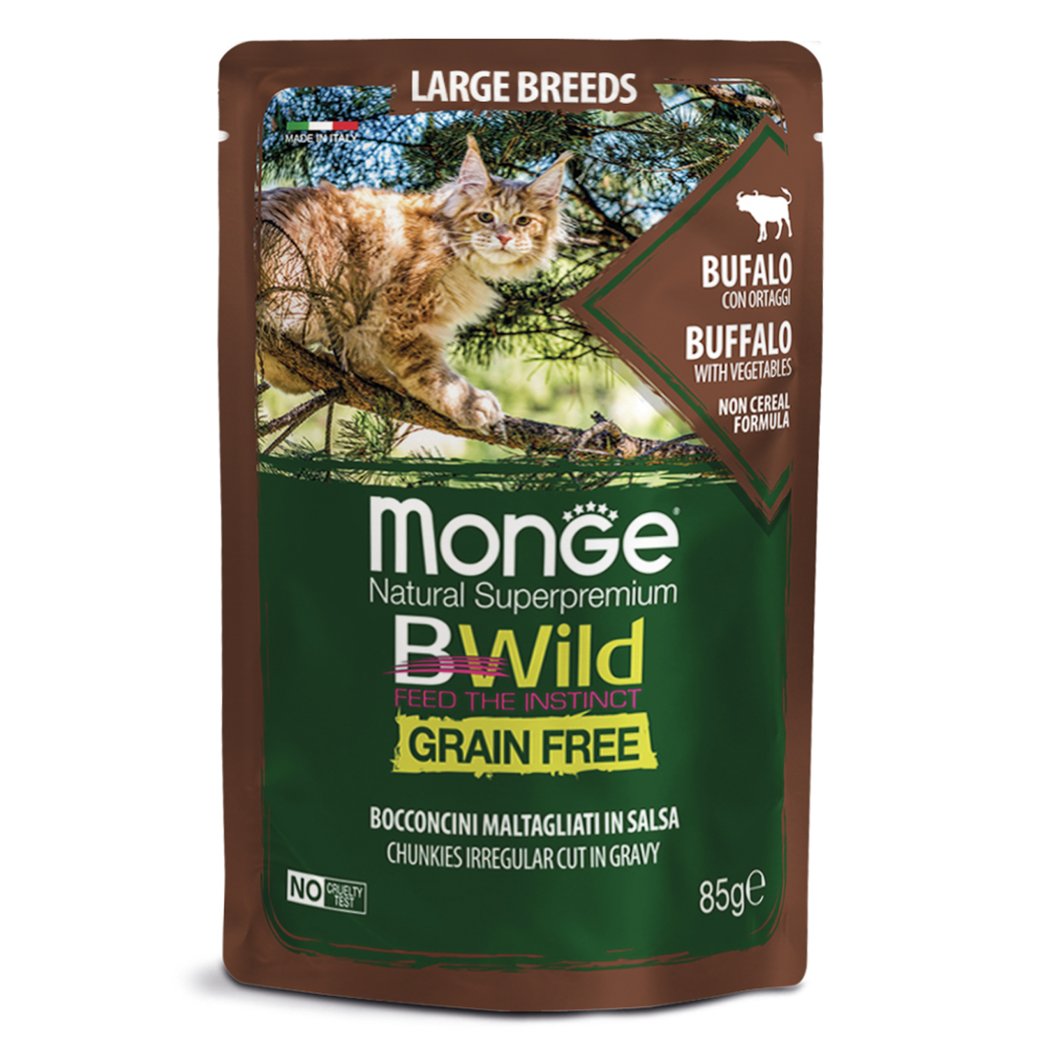 Влажный корм Monge Cat BWild GRAIN FREE для котят и кошек крупных пород, из мяса буйвола с овощами, паучи 85 г