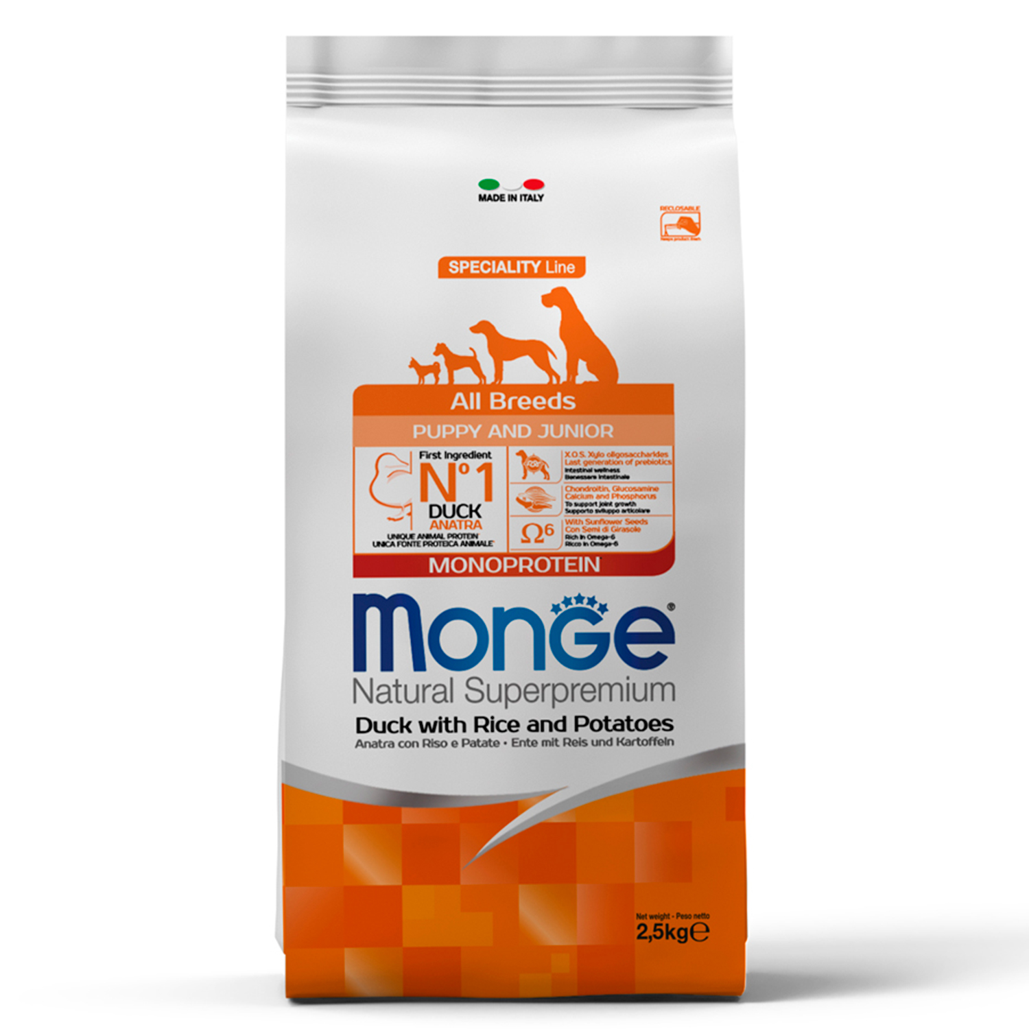 Сухой корм Monge Dog Speciality Line Monoprotein для щенков всех пород, из утки с рисом и картофелем 2,5 кг