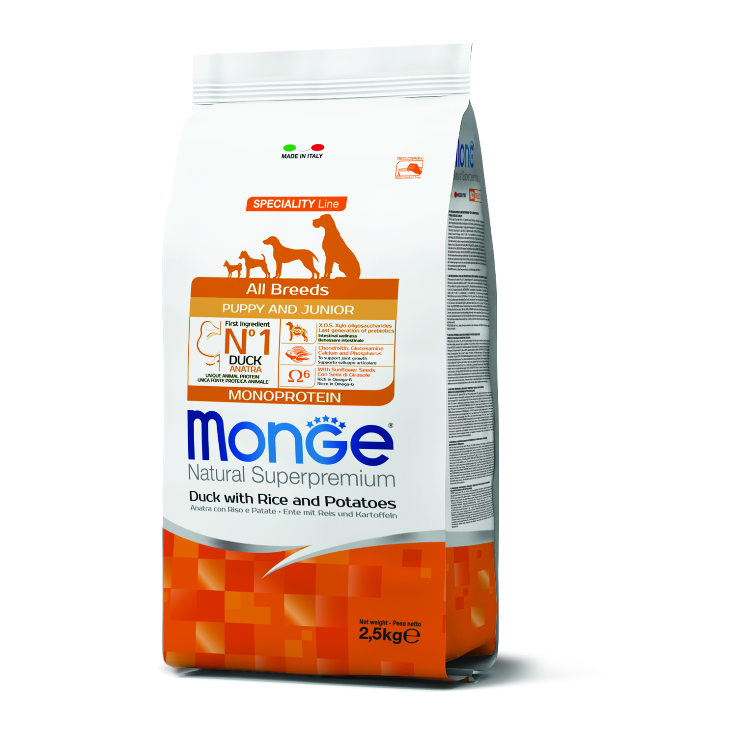 Сухой корм Monge Dog Speciality Line Monoprotein для щенков всех пород, из утки с рисом и картофелем 2,5 кг
