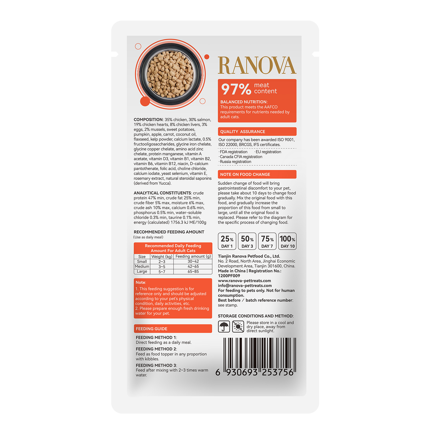 Полнорационный сухой (сублимированный) корм Ranova для кошек с курицей и лососем, 8 г