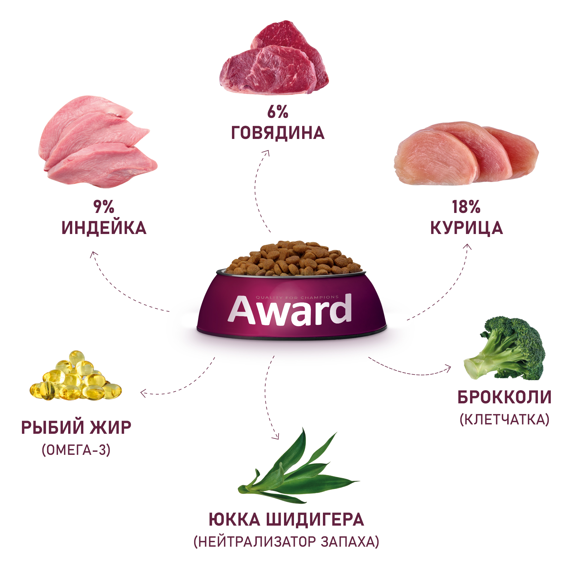 Сухой корм AWARD Indoor Big cats для взрослых домашних кошек крупных пород с говядиной и курицей с добавлением брокколи и юкки Шидигера 10кг