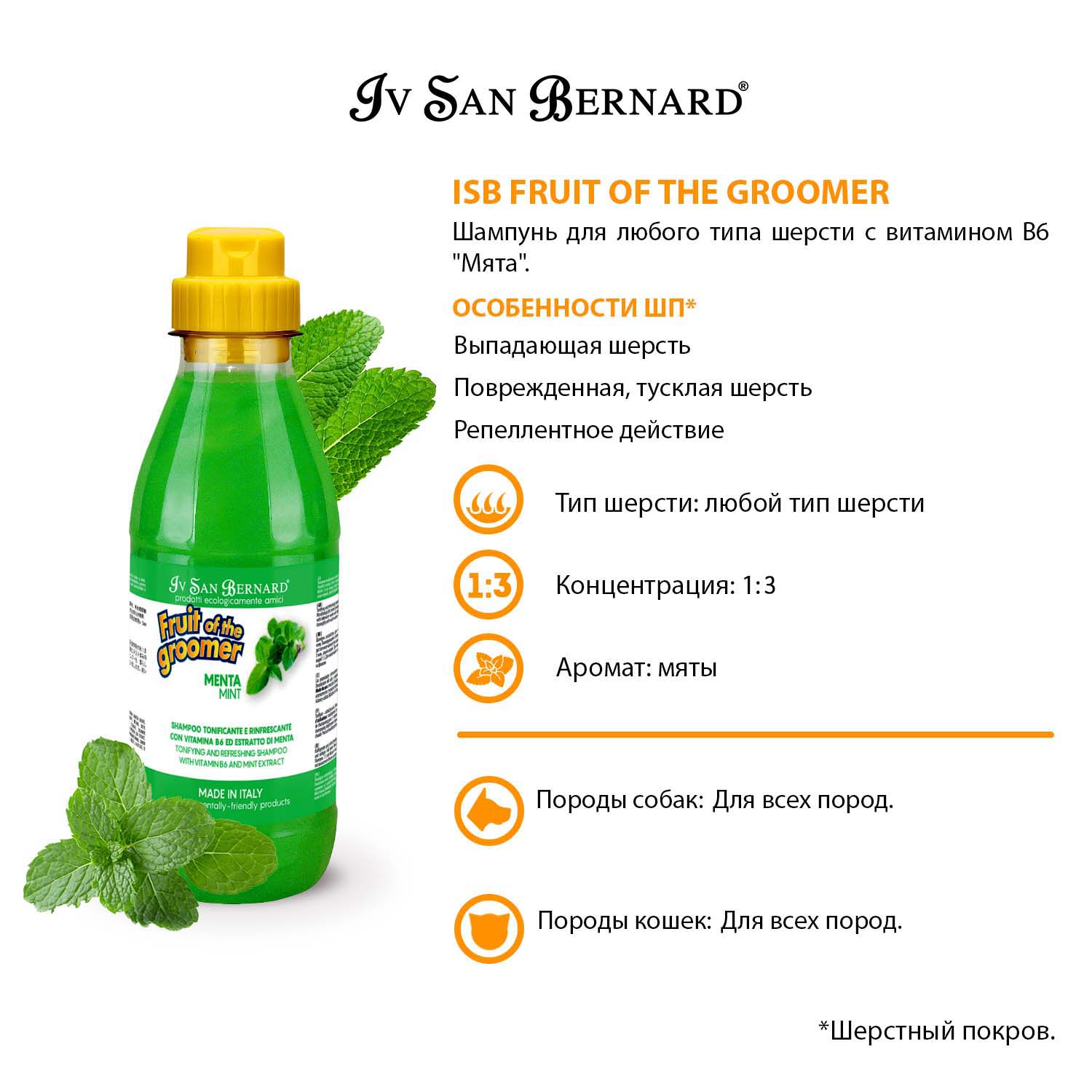 ISB Fruit of the Groomer Mint Шампунь для любого типа шерсти с витамином В6 500 мл
