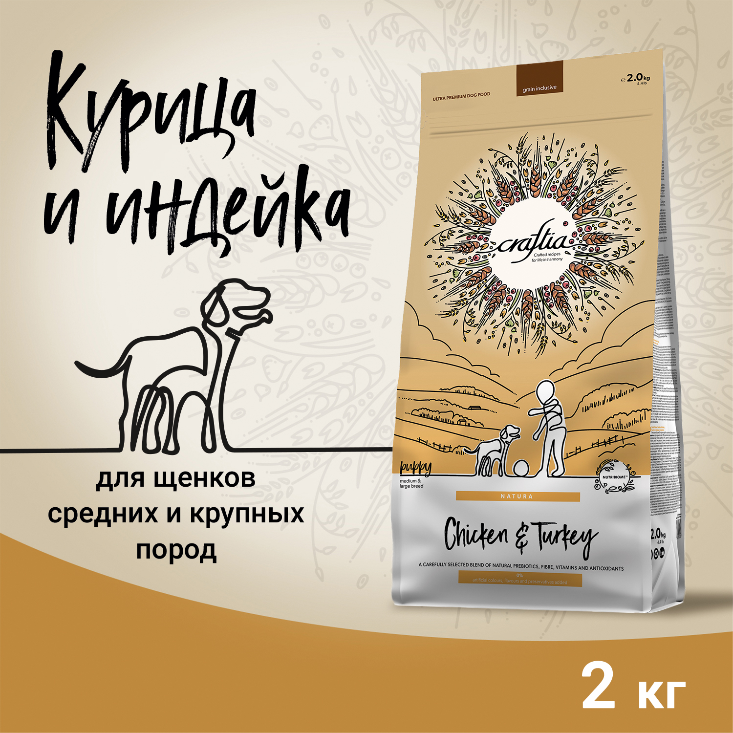 Сухой корм CRAFTIA NATURA для щенков средних и крупных пород из курицы и индейки 2 кг