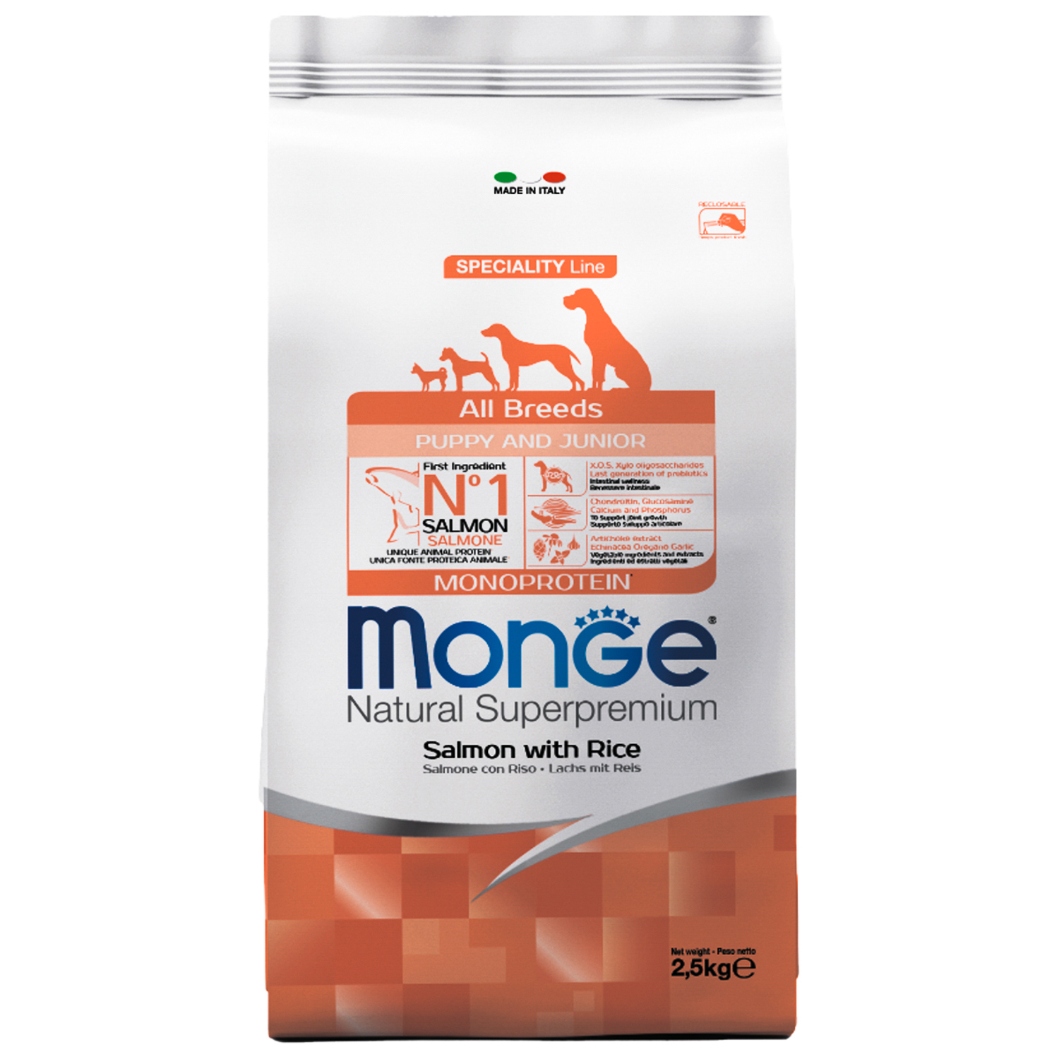 Сухой корм Monge Dog Speciality Line Monoprotein Puppy&Junior корм для щенков всех пород, из лосося с рисом 2,5 кг
