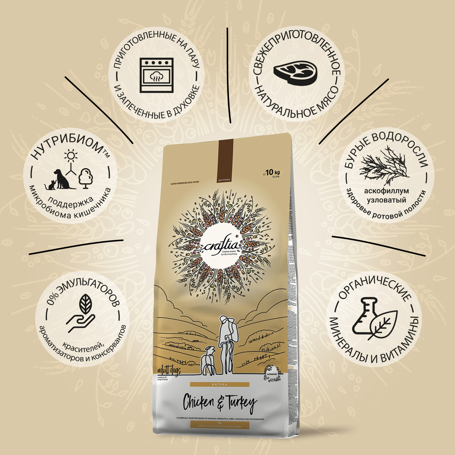 Сухой корм CRAFTIA NATURA для взрослых собак средних и крупных пород из курицы и индейки 10 кг
