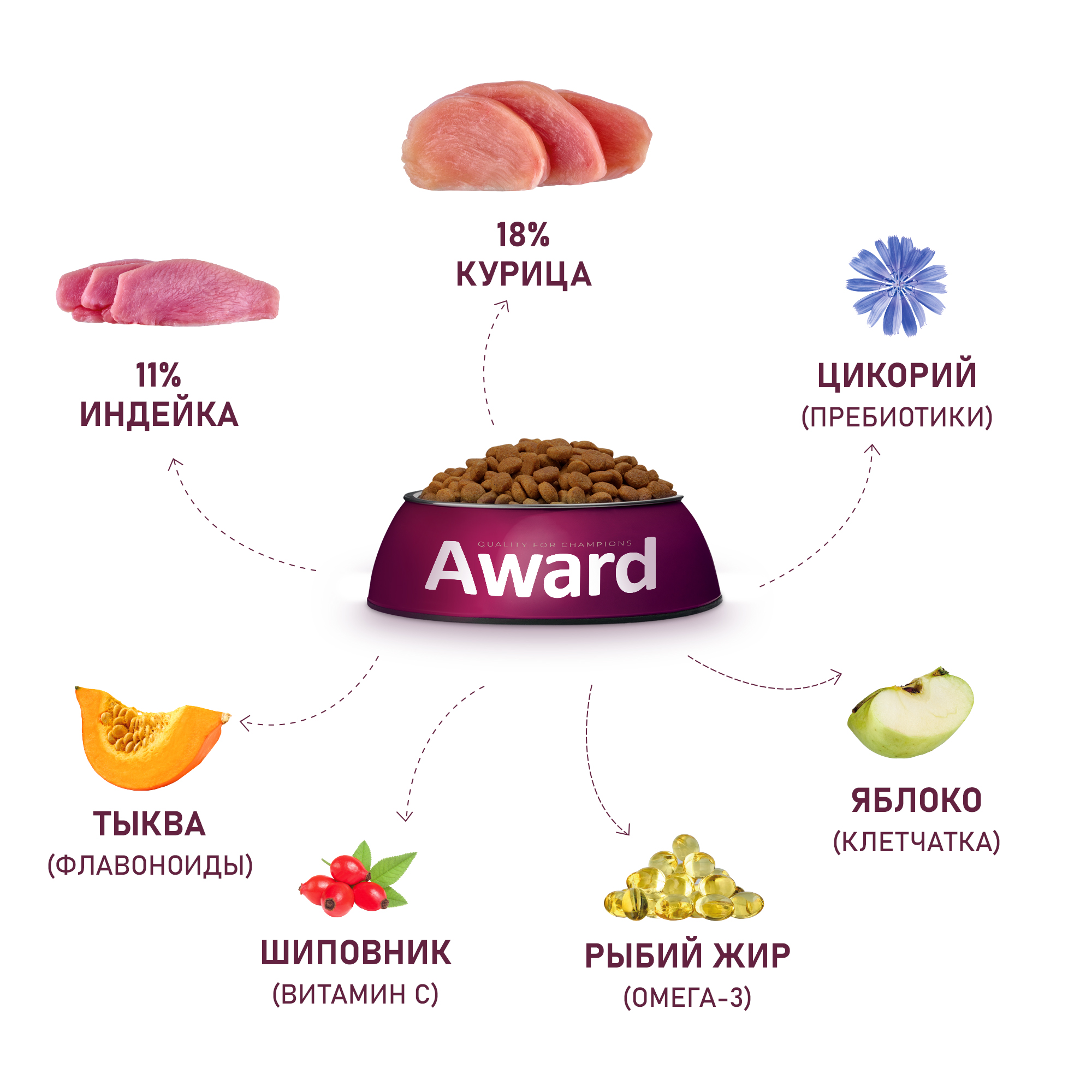 Сухой корм AWARD для взрослых собак крупных пород с курицей и индейкой с добавлением тыквы и шиповника 2кг