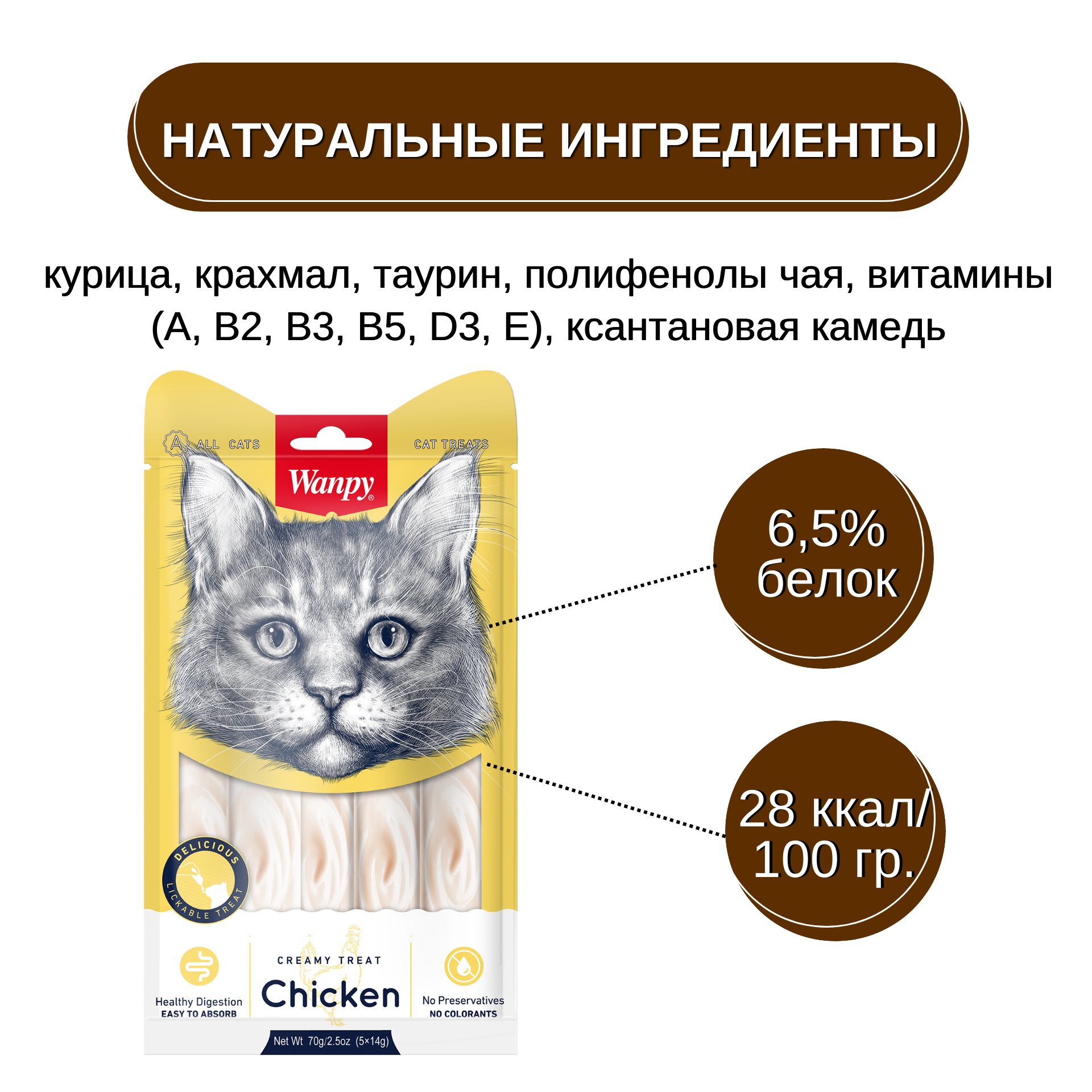 Wanpy Cat Лакомство для кошек «нежное пюре» из курицы 70 г