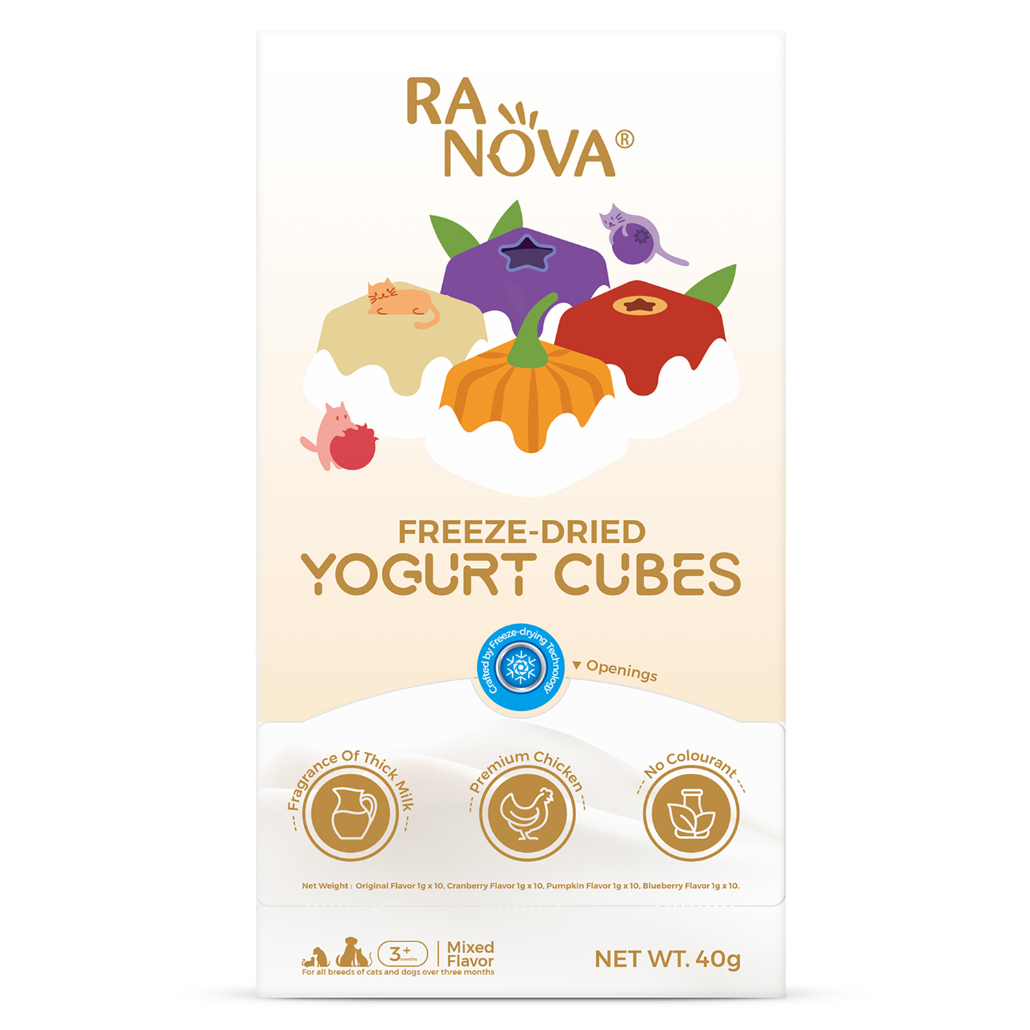 Лакомство Ranova для кошек и собак Сублимированный йогурт микс вкусов: оргинальный, черника, клюква, тыква, 40 г