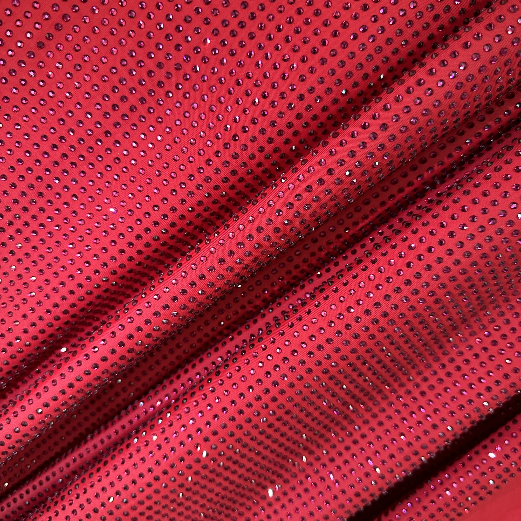 Трикотаж бифлекс с кристаллами SS10 RUBY, бордово-красный