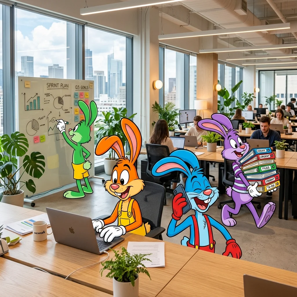 AI-кролики-сотрудники работают в офисе
