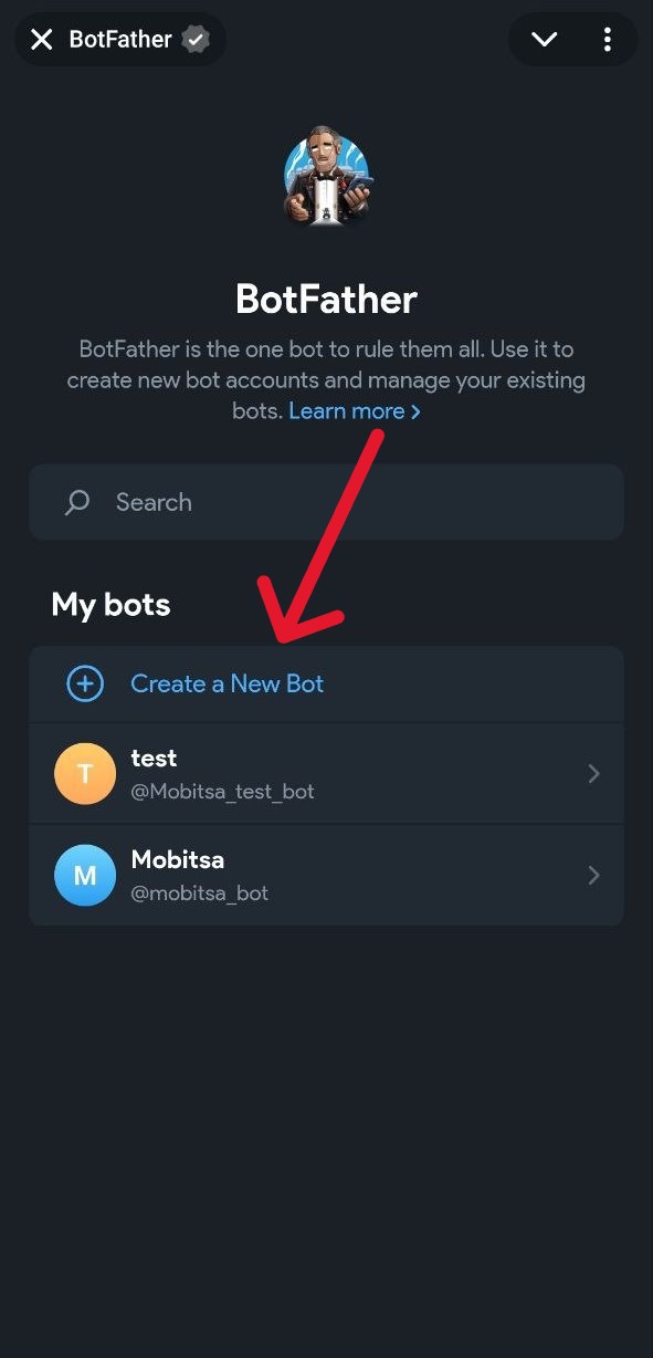 Экран BotFather с кнопкой Create a New Bot для создания нового Telegram-бота