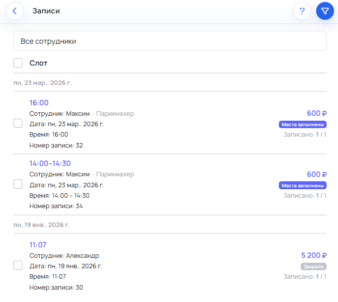 Раздел Записи в CRM для проверки созданной записи.