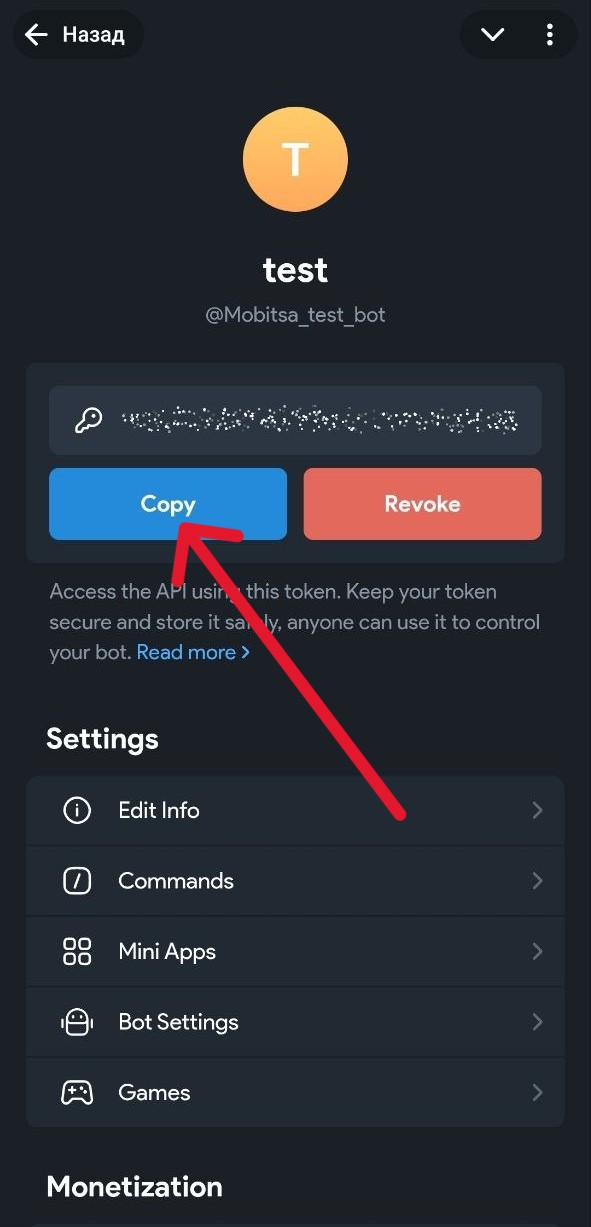 Экран Telegram-бота в BotFather с кнопкой Copy для копирования API Token