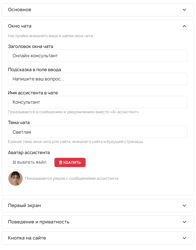 Раздел Окно чата с настройками заголовка, подсказки в поле ввода, имени ассистента, темы и аватара