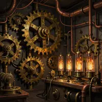 Ilustrace steampunkových strojů