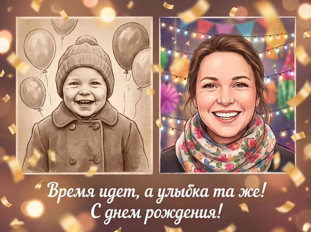 Сделать фото с детство и сейчас на день рождения