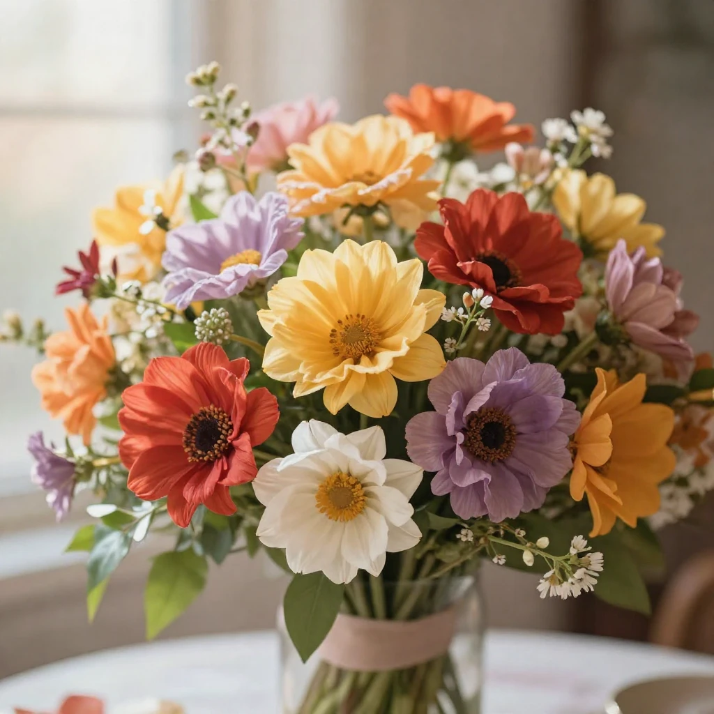 A celebratory floral arrangement with vibrant colors, delica...