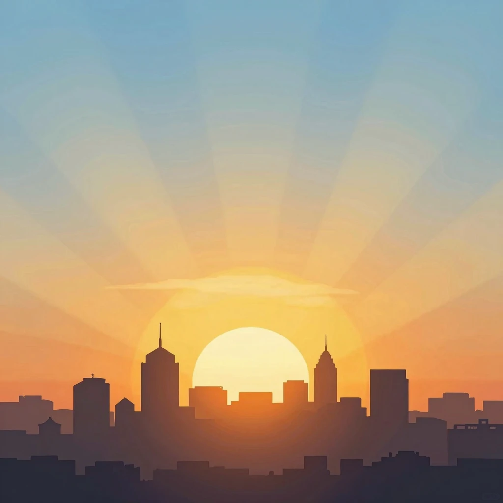 Abstract artistic illustration of a golden sunrise over a ci...