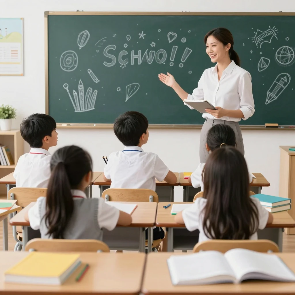 An artistic depiction of a vibrant classroom scene with stud...