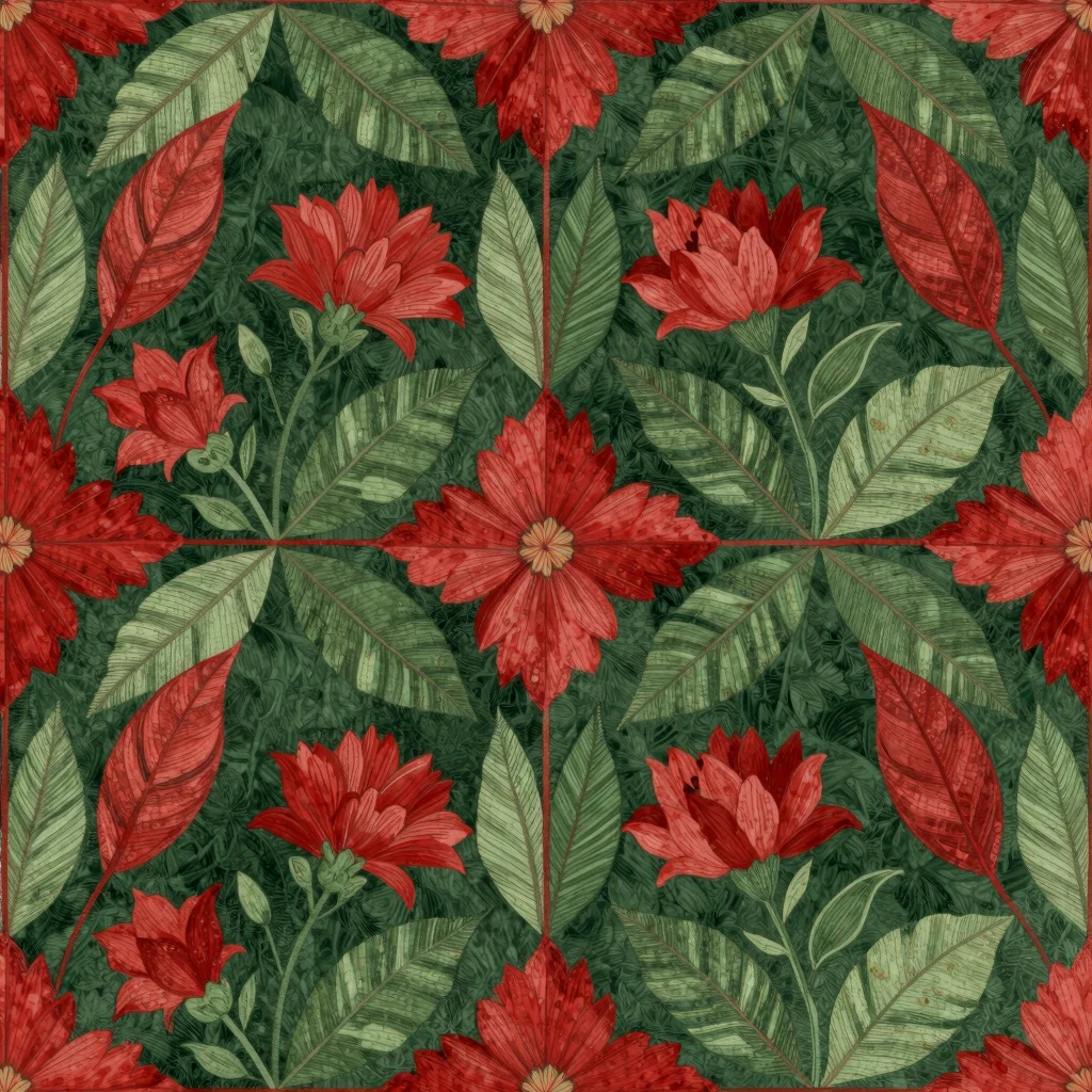 Artistic botanical pattern, symmetrical leaves and flowers, ...
