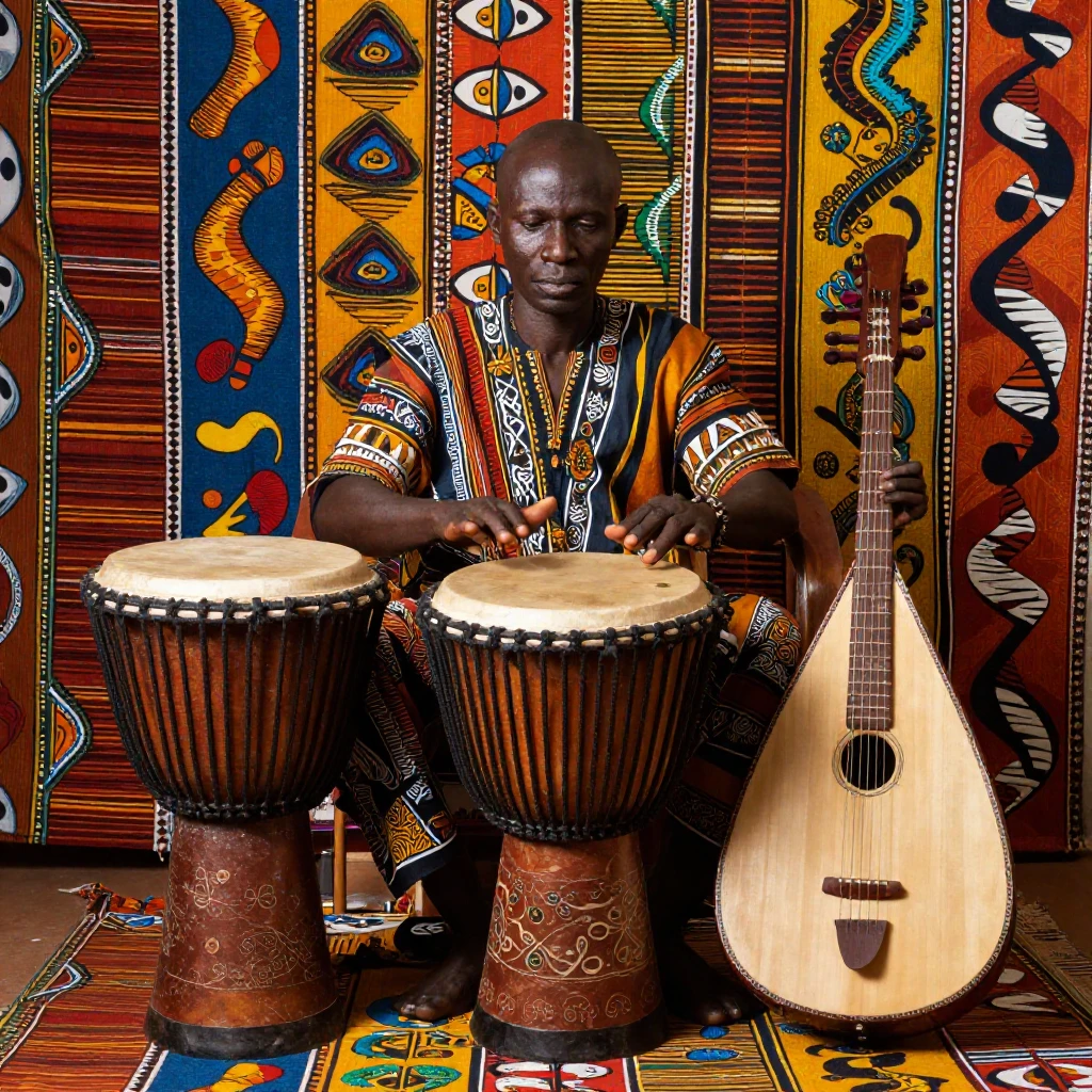 An artistic depiction of traditional African musical instrum...