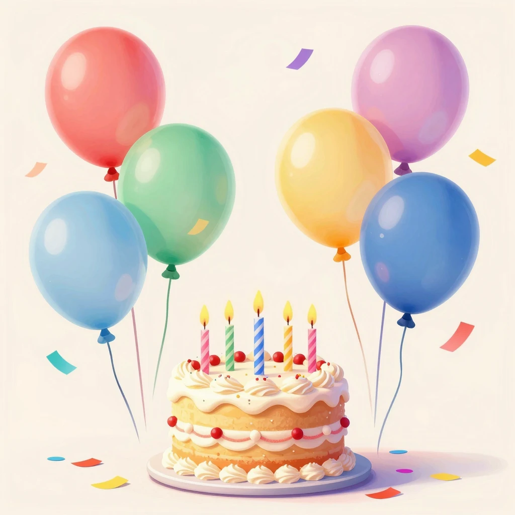 A festive birthday scene with colorful balloons, a beautiful...
