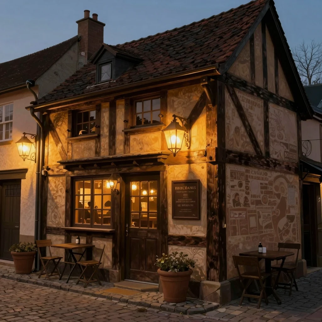 Artistic illustration of a cozy old-world tavern exterior, d...