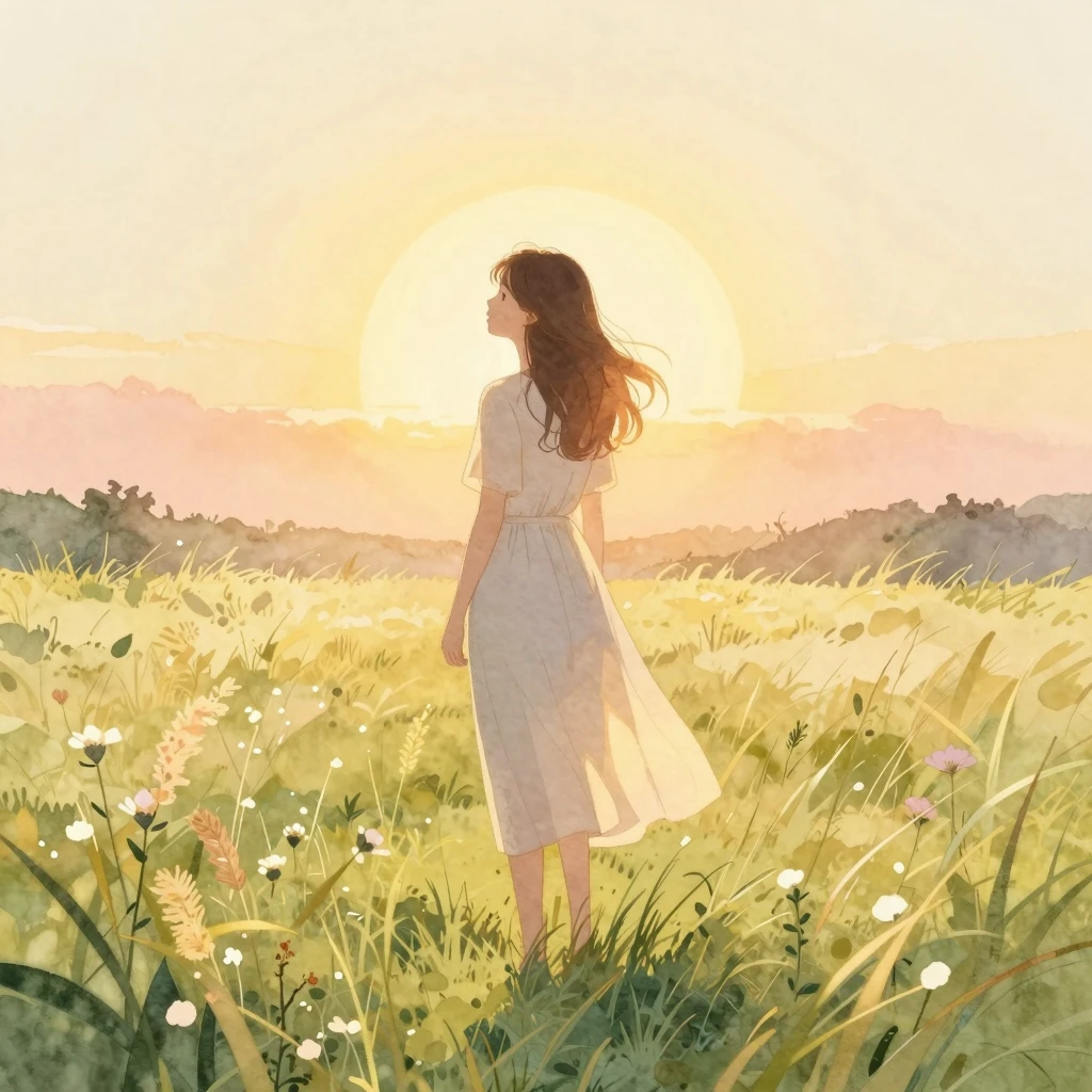 A gentle silhouette of a woman standing peacefully in a mead...