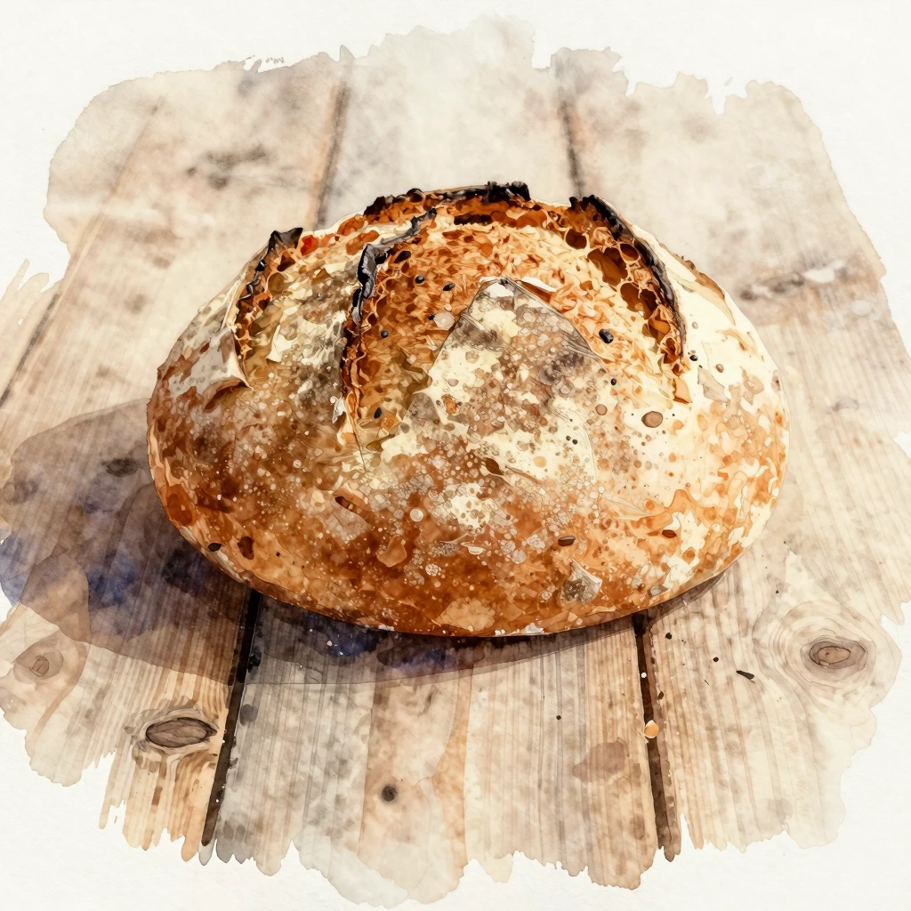 A watercolor illustration focusing on a loaf of artisan brea...