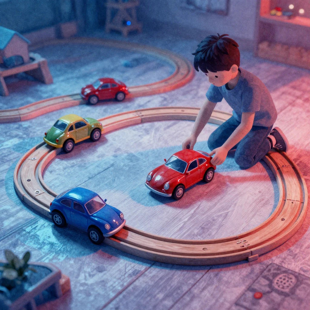 Watercolor style illustration focusing on toy cars and woode...