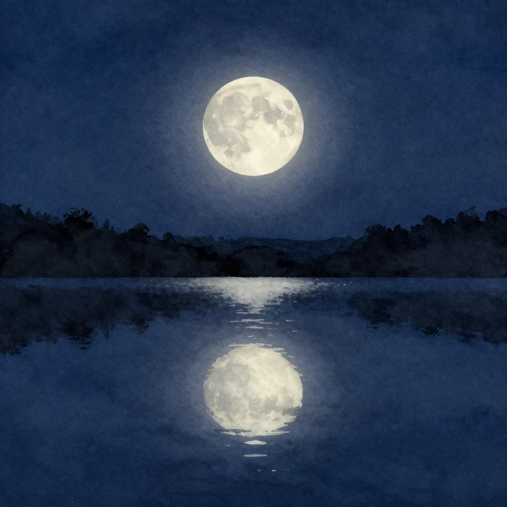 A serene, minimalist watercolor painting of a glowing full m...
