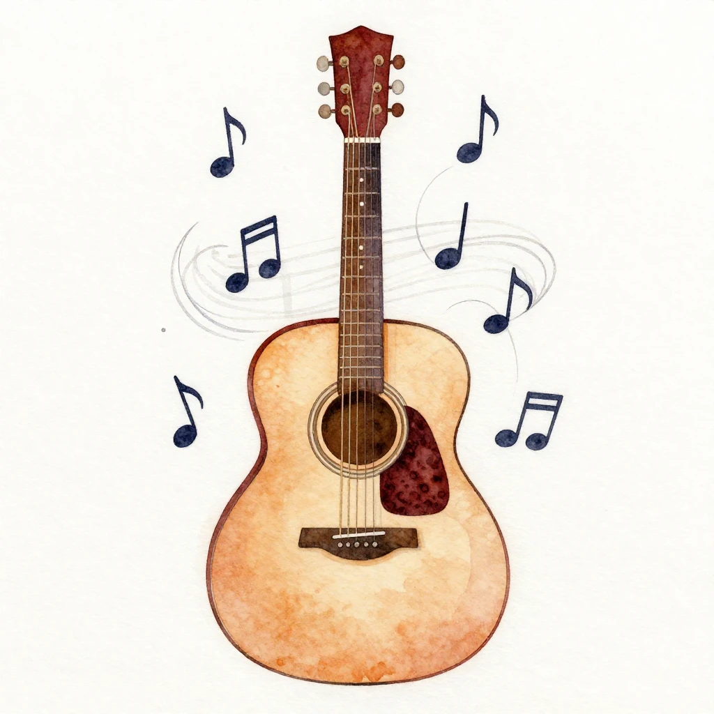 A watercolor painting of a stylized acoustic guitar with mus...