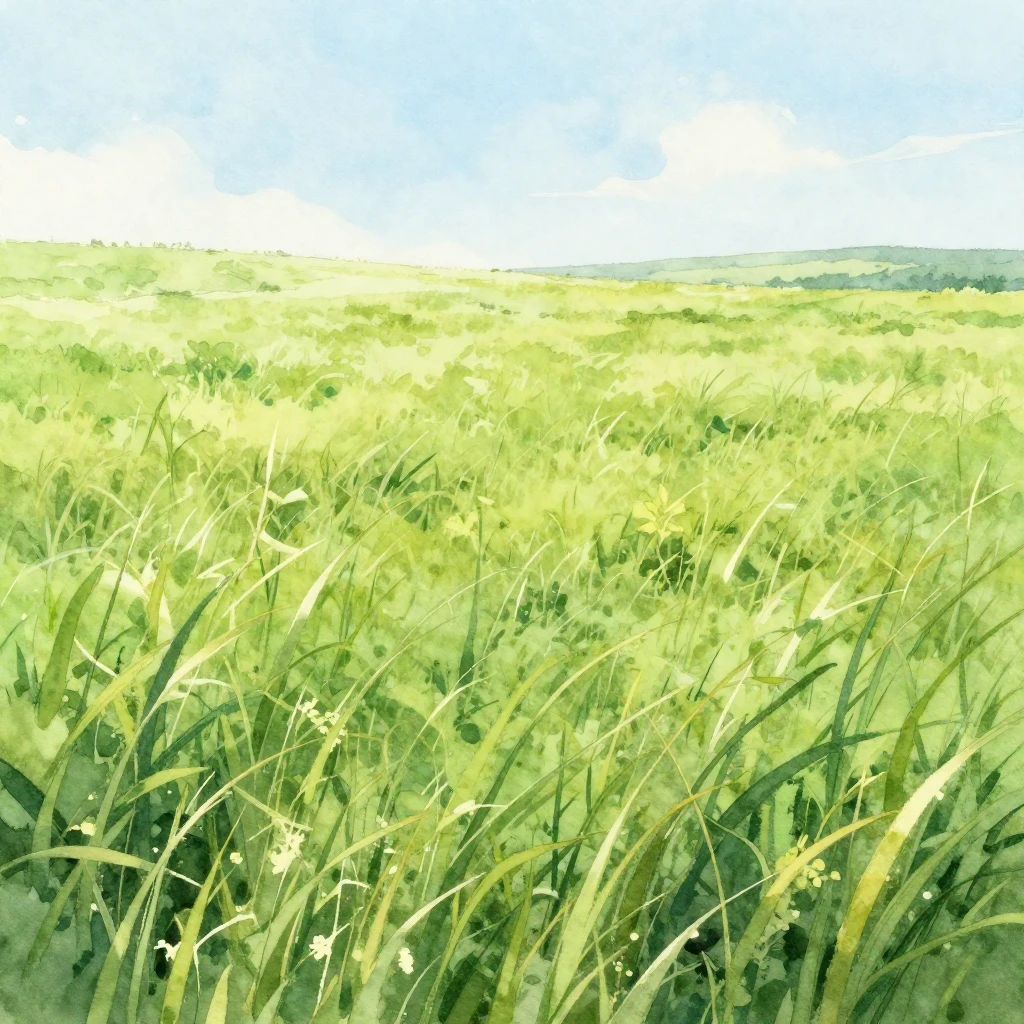 A watercolor illustration of an expansive, vibrant green fie...