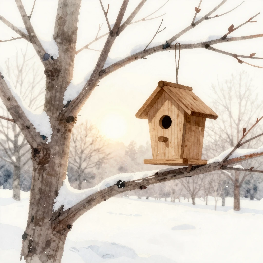 Create a watercolor painting of a wooden birdhouse silhouett...