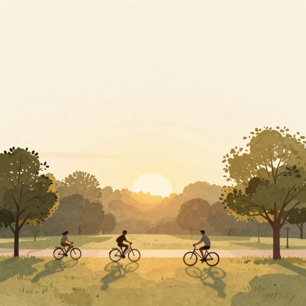 Minimalist watercolor illustration of a park during sunset, ...